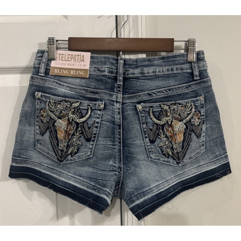 Telepatia Cutoff Jean Shorts Embroidered Bling Women's Sz 11 Raw Hem NWT‎